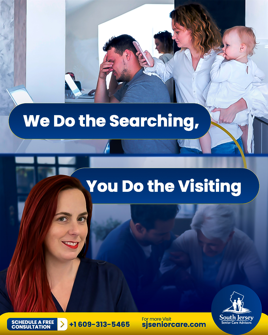 Split-Screen Contrast Split-screen Instagram graphic contrasting a stressed at-home search with an in-person facility tour, positioning the advisor as the shortcut — Instagram graphic design by Motakabbir Hossan