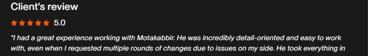Upwork five-star review from Tracy for Motakabbir Hossan